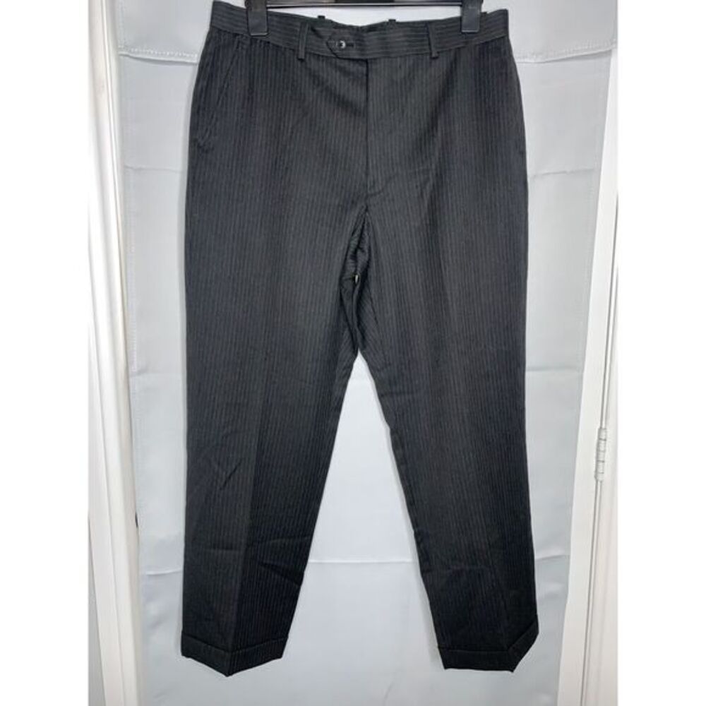 Linea Uomo Pants Mens 36 Regular Black Straight Leg Pinstripe Wool‎ Flat Front